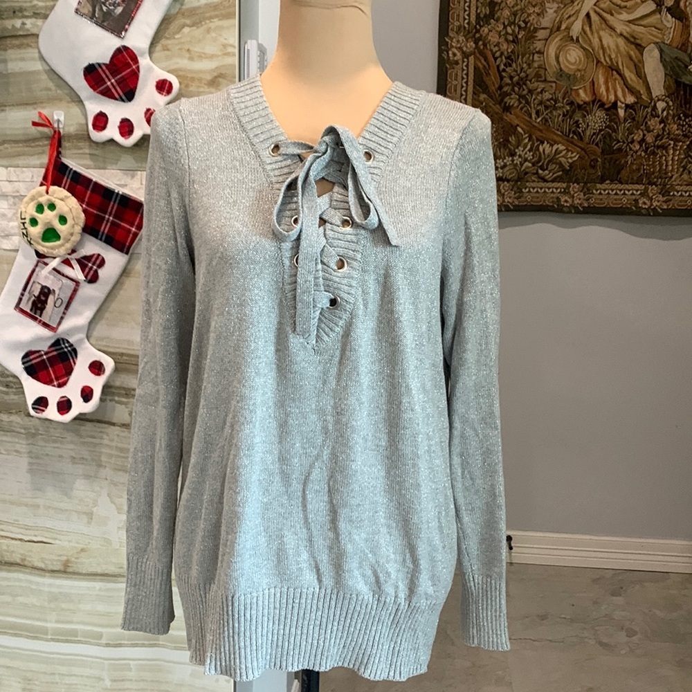 New York & Co. Soho Gray Metallic Lace‎ Up Sweater. Size S